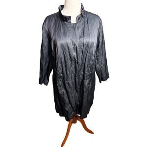 Eileen Fisher Woman black satin crinkle jacket lined snap up loose sleeve Sz XL